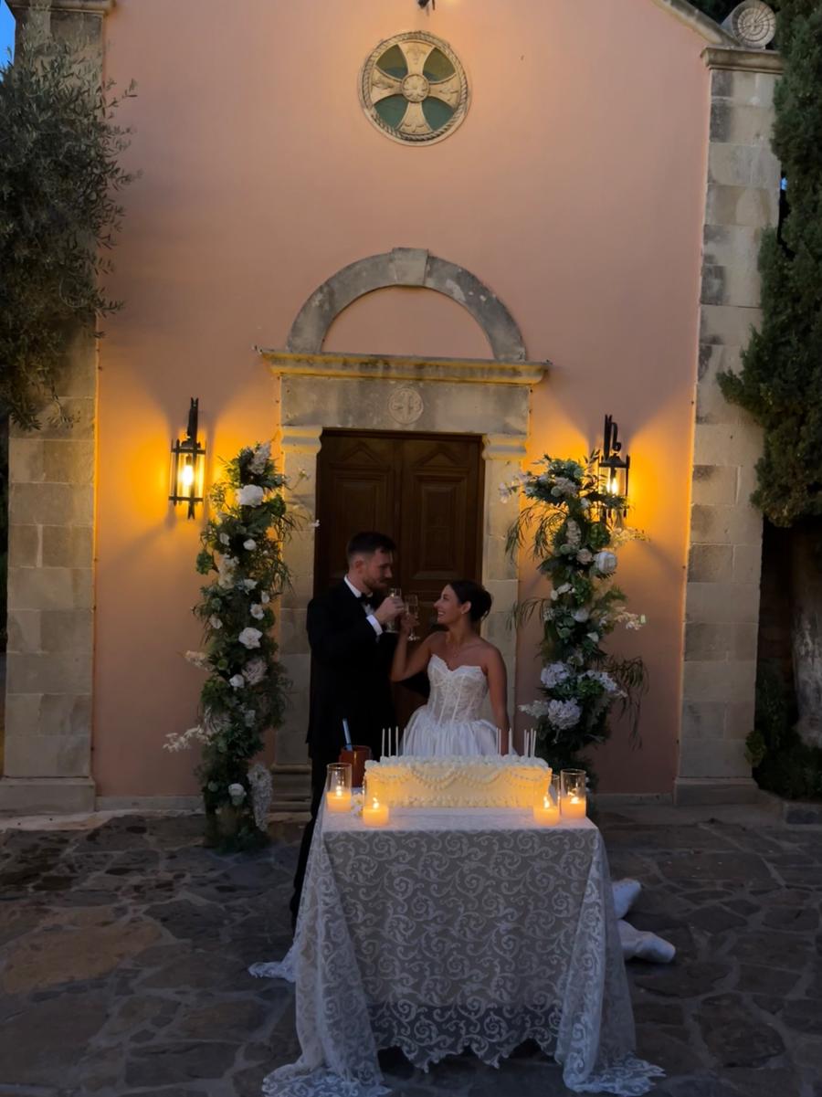 Guests gathered outside a chapel after the ceremony